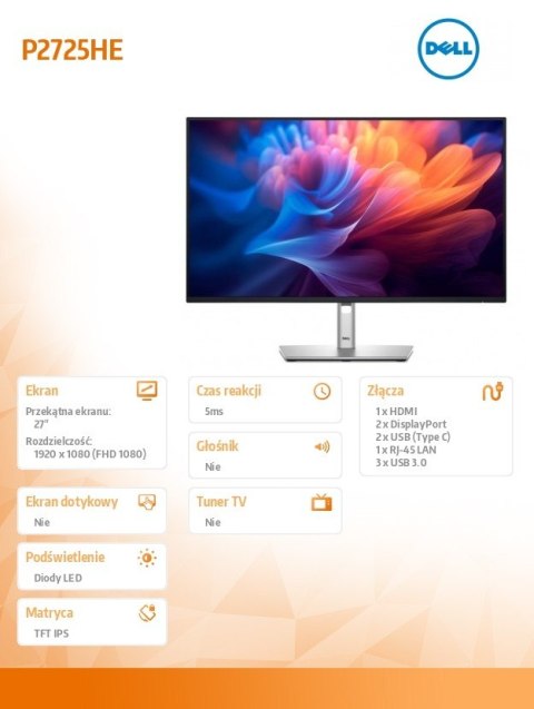 Dell Monitor 27 cali P2725HE IPS LED Full HD(1920x1080)/16:9/HDMI/DP/USB-C/USB/RJ45/3Y Dell Monitor 27 cali P2725HE IPS LED Full HD(1920x1080)/16:9/HDMI/DP/USB-C/USB/RJ45/3Y