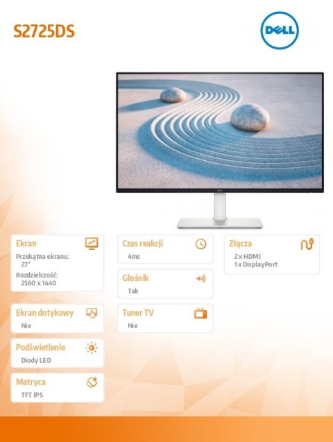 Dell Monitor 27 cali S2725DS IPS LED 100Hz QHD (2560x1440)/16:9/2xHDMI/DP/Speakers/fully adjustable stand/3Y Dell Monitor 27 cali S2725DS IPS LED 100Hz QHD (2560x1440)/16:9/2xHDMI/DP/Speakers/fully adjustable stand/3Y