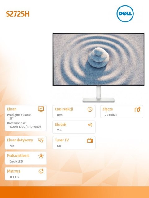 Dell Monitor 27 cali S2725H IPS LED 100Hz Full HD (1920x1080)/16:9/2xHDMI/Speakers/3Y Dell Monitor 27 cali S2725H IPS LED 100Hz Full HD (1920x1080)/16:9/2xHDMI/Speakers/3Y