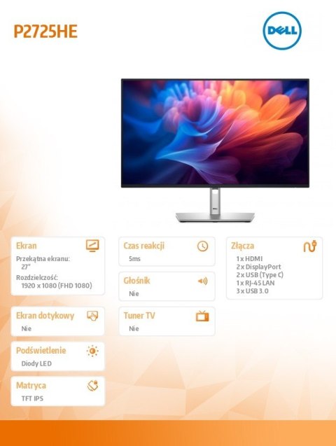 Dell Monitor 27 caliP2725HE IPS LED Full HD(1920x1080)/16:9/HDMI/DP/USB-C/USB/RJ45/5Y Dell Monitor 27 caliP2725HE IPS LED Full HD(1920x1080)/16:9/HDMI/DP/USB-C/USB/RJ45/5Y