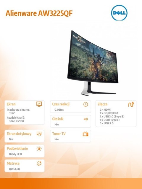 Dell Monitor AW3225QF 31.6 cala Curved NVIDIA G-Sync Compatible 240Hz OLED 4K (3840x2160)/16:9/2xHDMI/5xUSB 3.2/3Y AES&PPE Dell Monitor AW3225QF 31.6 cala Curved NVIDIA G-Sync Compatible 240Hz OLED 4K (3840x2160)/16:9/2xHDMI/5xUSB 3.2/3Y AES&PPE