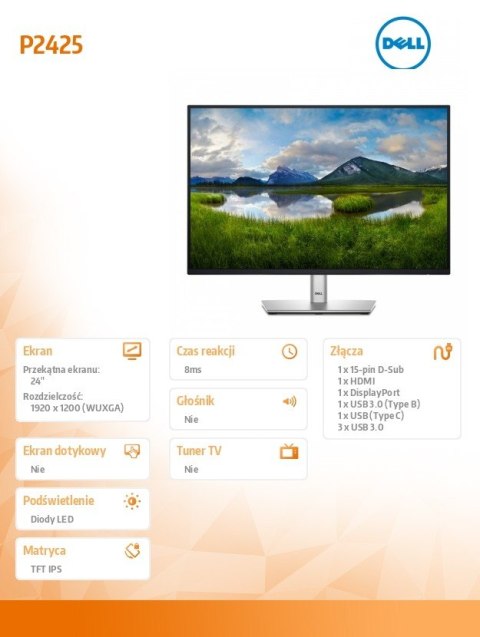 Dell Monitor P2425 24 cale IPS 16:10 WUXGA/HDMI/USBC/DP/VGA/USB/3Y Dell Monitor P2425 24 cale IPS 16:10 WUXGA/HDMI/USBC/DP/VGA/USB/3Y