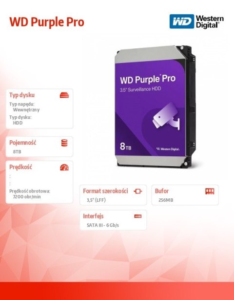 Western Digital Dysk twardy WD Purple Pro 8TB 3,5 256MB SATAIII/72000rpm Western Digital Dysk twardy WD Purple Pro 8TB 3,5 256MB SATAIII/72000rpm