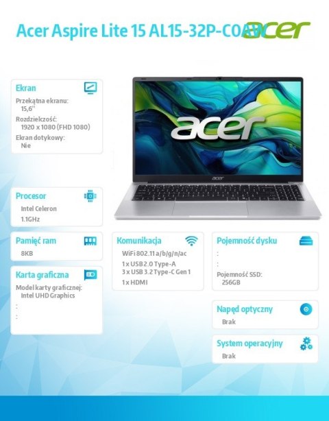 Acer Laptop Lite 15 AL15-32P-C0AW Celeron N4500, 15.6 FHD IPS, 8GB, 256GB SSD, No OS, Pure Silver Acer Laptop Lite 15 AL15-32P-C0AW Celeron N4500, 15.6 FHD IPS, 8GB, 256GB SSD, No OS, Pure Silver