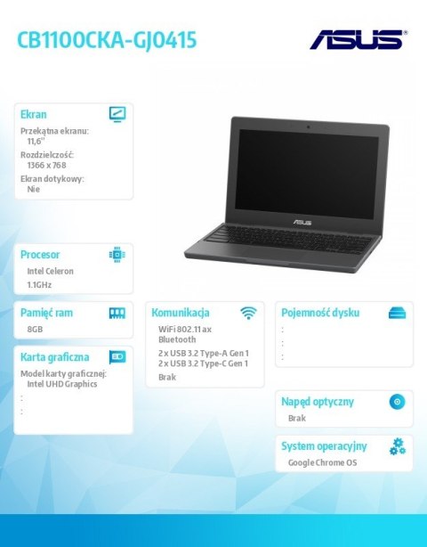 Asus Notebook Chromebook CB1100CKA-GJ0415 - Celeron N5100/8GB/64GB/11.6 cali/ChromeOS/5Y Asus Notebook Chromebook CB1100CKA-GJ0415 - Celeron N5100/8GB/64GB/11.6 cali/ChromeOS/5Y