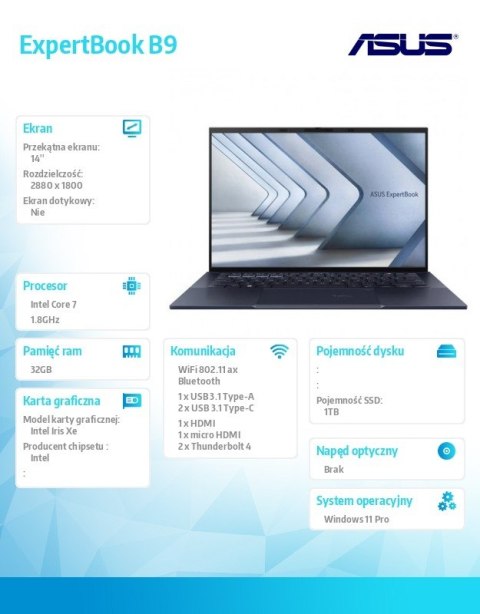 Asus Notebook ExpertBook B9 B9403CVAR-KM0682X - 7 150U/32GB/1TB/14 cali WQXGA+ OLED/Win 11 PRO/3YRS Asus Notebook ExpertBook B9 B9403CVAR-KM0682X - 7 150U/32GB/1TB/14 cali WQXGA+ OLED/Win 11 PRO/3YRS