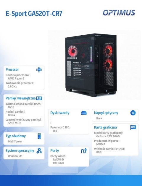 OPTIMUS Komputer E-Sport GA550T-CR4 Ryzen 7 5800X/16GB/1TB/RTX 4060 EAGLE OC 8G/W OPTIMUS Komputer E-Sport GA550T-CR4 Ryzen 7 5800X/16GB/1TB/RTX 4060 EAGLE OC 8G/W