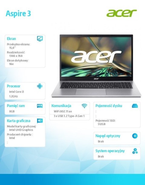 Acer Notebook Aspire 3 A315-59-32SX i3-1215U 15.6" 8GB 512GB NoOS Srebrny Acer Notebook Aspire 3 A315-59-32SX i3-1215U 15.6" 8GB 512GB NoOS Srebrny