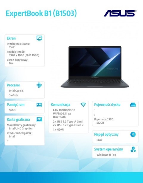 Asus Notebook ExpertBook B1 B1503CVA-S70249X - i5-1335U/16GB/512GB/15.6 FHD/Win 11 PRO/3YRS Asus Notebook ExpertBook B1 B1503CVA-S70249X - i5-1335U/16GB/512GB/15.6 FHD/Win 11 PRO/3YRS