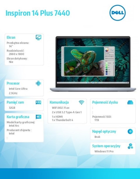 Dell Notebook Inspiron 14 Plus 7440 Win11Pro Ultra 9 185H/32GB/1TB SSD/14 2.8K/Arc/FgrPr/Cam & Mic/WLAN + BT/Backlit Kb/4 Cell/3Y Bas Dell Notebook Inspiron 14 Plus 7440 Win11Pro Ultra 9 185H/32GB/1TB SSD/14 2.8K/Arc/FgrPr/Cam & Mic/WLAN + BT/Backlit Kb/4 Cell/3Y Bas