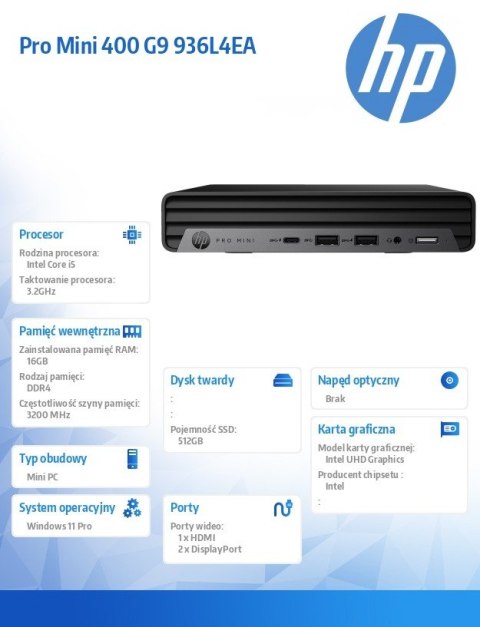 HP Inc. Komputer 400Mini G9Ri5-13500T 16GB/512GB/W11P 936L4EA HP Inc. Komputer 400Mini G9Ri5-13500T 16GB/512GB/W11P 936L4EA