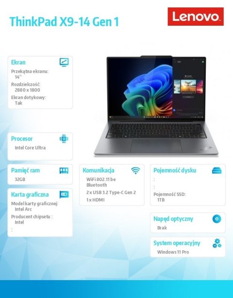 Lenovo Ultrabook ThinkPad X9-14 G1 21QA0025PB W11Pro Ultra 7 258V/32GB/1TB/INT/14.0 2.8K OLED/Grey/3YRS Premier Support Plus + CO2 Offs Lenovo Ultrabook ThinkPad X9-14 G1 21QA0025PB W11Pro Ultra 7 258V/32GB/1TB/INT/14.0 2.8K OLED/Grey/3YRS Premier Support Plus + CO2 Offs