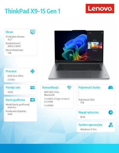 Lenovo Ultrabook ThinkPad X9 G1 21Q60008PB W11Pro Ultra 7 258V/32GB/1TB/INT/15.3 OLED/Touch/Grey/3YR Premier NBD + CO2 Offset Lenovo Ultrabook ThinkPad X9 G1 21Q60008PB W11Pro Ultra 7 258V/32GB/1TB/INT/15.3 OLED/Touch/Grey/3YR Premier NBD + CO2 Offset