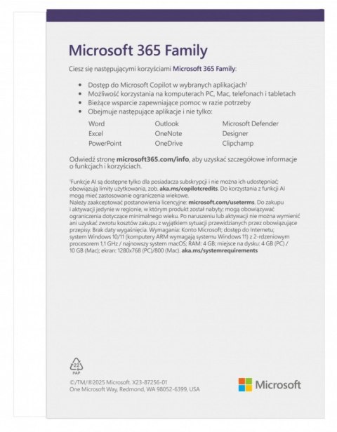Microsoft M365 Family PL 1Y 6U Win/Mac EP2-32382 Microsoft M365 Family PL 1Y 6U Win/Mac EP2-32382