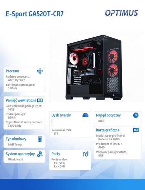 OPTIMUS Komputer E-Sport GA550T-CR5 Ryzen 7 5800X/16GB/1TB/RX 7600 GAMING OC 8G/W OPTIMUS Komputer E-Sport GA550T-CR5 Ryzen 7 5800X/16GB/1TB/RX 7600 GAMING OC 8G/W