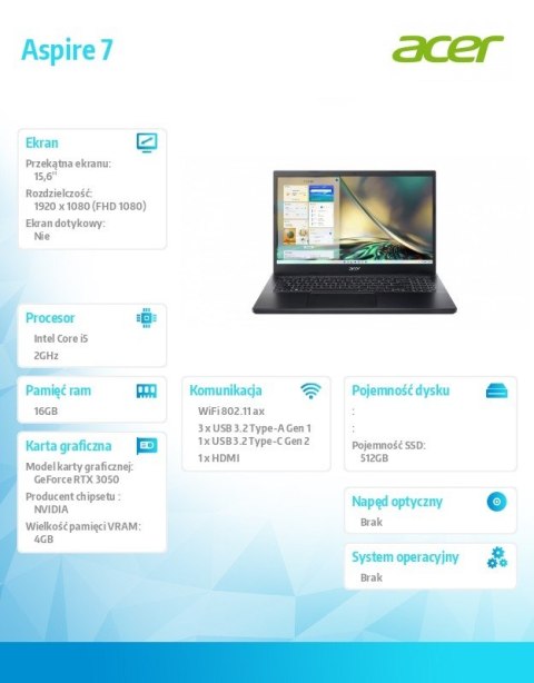 Acer Notebook Gaming Aspire 7 A715-76G-5303 i5-12450H, 15.6 FHD, 16GB, 512GB SSD, GeForce RTX 3050 4GB, NoOS, czarny Acer Notebook Gaming Aspire 7 A715-76G-5303 i5-12450H, 15.6 FHD, 16GB, 512GB SSD, GeForce RTX 3050 4GB, NoOS, czarny