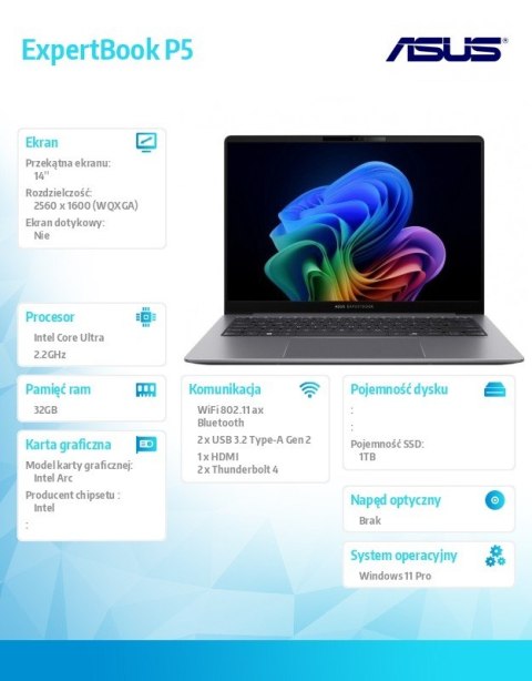 Asus Notebook P5405CSA-NZ0408X ultra 7 258V/14 cali WQXGA/32GB/1TB/ Win 11 PRO/3YRS Asus Notebook P5405CSA-NZ0408X ultra 7 258V/14 cali WQXGA/32GB/1TB/ Win 11 PRO/3YRS