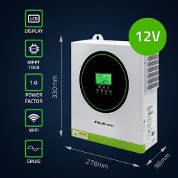 Qoltec Hybrydowy Inwerter solarny Off-Grid 1500W 100A | 12V | MPPT | Sinus | Opcja Wi-Fi | Power Factor 1.0