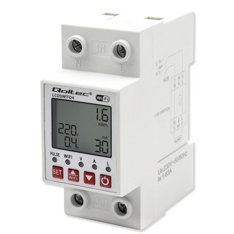 Qoltec Przekaźnik 63A na szynę DIN z licznikiem energii elektrycznej | Timer | Tuya | Wi-Fi | LED Qoltec Przekaźnik 63A na szynę DIN z licznikiem energii elektrycznej | Timer | Tuya | Wi-Fi | LED