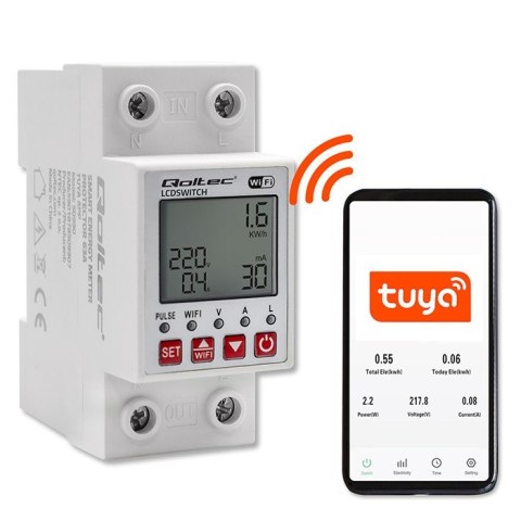 Qoltec Przekaźnik 63A na szynę DIN z licznikiem energii elektrycznej | Timer | Tuya | Wi-Fi | LED Qoltec Przekaźnik 63A na szynę DIN z licznikiem energii elektrycznej | Timer | Tuya | Wi-Fi | LED