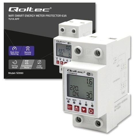 Qoltec Przekaźnik 63A na szynę DIN z licznikiem energii elektrycznej | Timer | Tuya | Wi-Fi | LED Qoltec Przekaźnik 63A na szynę DIN z licznikiem energii elektrycznej | Timer | Tuya | Wi-Fi | LED