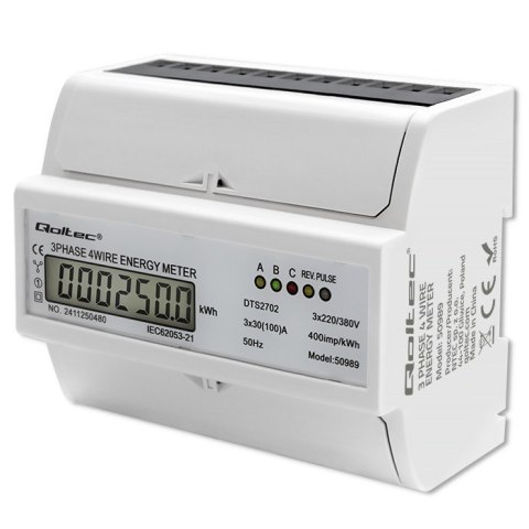 Qoltec Trójfazowy dwukierunkowy elektroniczny licznik | miernik zużycia energii na szynę DIN | 400V | 100A | LCD | 4P Qoltec Trójfazowy dwukierunkowy elektroniczny licznik | miernik zużycia energii na szynę DIN | 400V | 100A | LCD | 4P