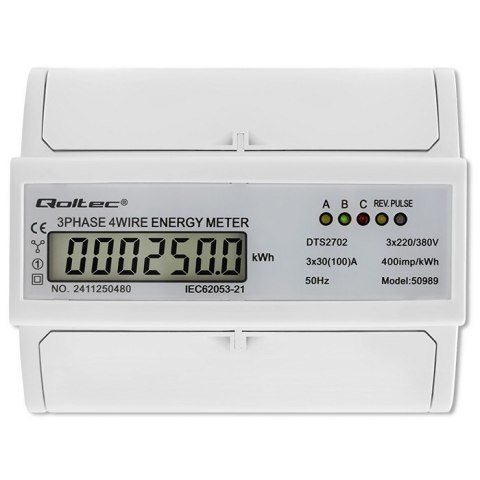 Qoltec Trójfazowy dwukierunkowy elektroniczny licznik | miernik zużycia energii na szynę DIN | 400V | 100A | LCD | 4P Qoltec Trójfazowy dwukierunkowy elektroniczny licznik | miernik zużycia energii na szynę DIN | 400V | 100A | LCD | 4P