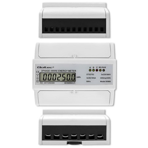 Qoltec Trójfazowy dwukierunkowy elektroniczny licznik | miernik zużycia energii na szynę DIN | 400V | 100A | LCD | 4P Qoltec Trójfazowy dwukierunkowy elektroniczny licznik | miernik zużycia energii na szynę DIN | 400V | 100A | LCD | 4P