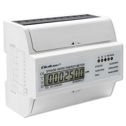 Qoltec Trójfazowy dwukierunkowy elektroniczny licznik | miernik zużycia energii na szynę DIN | 400V | 100A | LCD | 4P Qoltec Trójfazowy dwukierunkowy elektroniczny licznik | miernik zużycia energii na szynę DIN | 400V | 100A | LCD | 4P