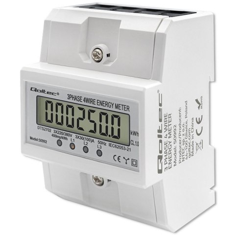 Qoltec Trójfazowy elektroniczny licznik | miernik zużycia energii na szynę DIN | 400V | 100A | LCD | 4P Qoltec Trójfazowy elektroniczny licznik | miernik zużycia energii na szynę DIN | 400V | 100A | LCD | 4P