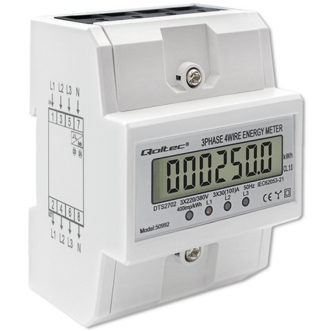 Qoltec Trójfazowy elektroniczny licznik | miernik zużycia energii na szynę DIN | 400V | 100A | LCD | 4P Qoltec Trójfazowy elektroniczny licznik | miernik zużycia energii na szynę DIN | 400V | 100A | LCD | 4P