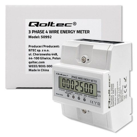 Qoltec Trójfazowy elektroniczny licznik | miernik zużycia energii na szynę DIN | 400V | 100A | LCD | 4P Qoltec Trójfazowy elektroniczny licznik | miernik zużycia energii na szynę DIN | 400V | 100A | LCD | 4P