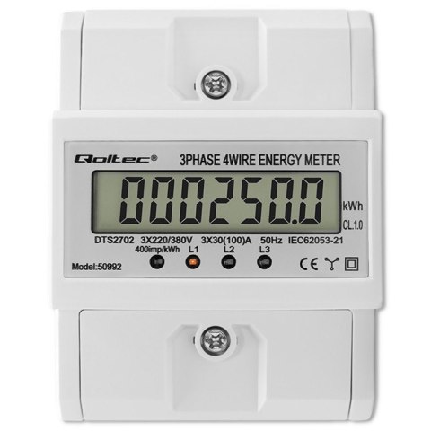 Qoltec Trójfazowy elektroniczny licznik | miernik zużycia energii na szynę DIN | 400V | 100A | LCD | 4P Qoltec Trójfazowy elektroniczny licznik | miernik zużycia energii na szynę DIN | 400V | 100A | LCD | 4P