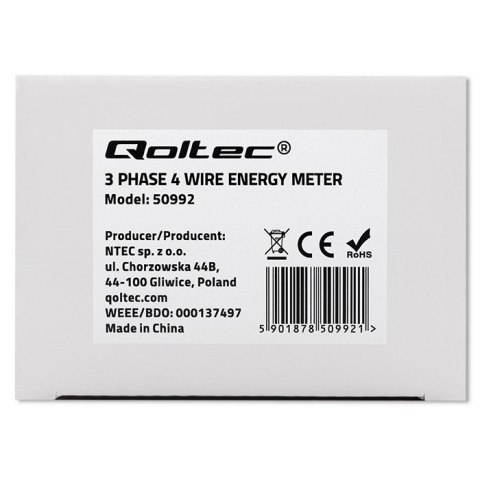 Qoltec Trójfazowy elektroniczny licznik | miernik zużycia energii na szynę DIN | 400V | 100A | LCD | 4P Qoltec Trójfazowy elektroniczny licznik | miernik zużycia energii na szynę DIN | 400V | 100A | LCD | 4P