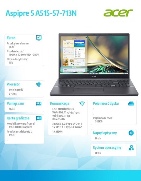 Acer Notebook Aspire 5 A515-57-713N i7-12650H 15.6" FHD 16GB 512GB NoOS szary Acer Notebook Aspire 5 A515-57-713N i7-12650H 15.6" FHD 16GB 512GB NoOS szary