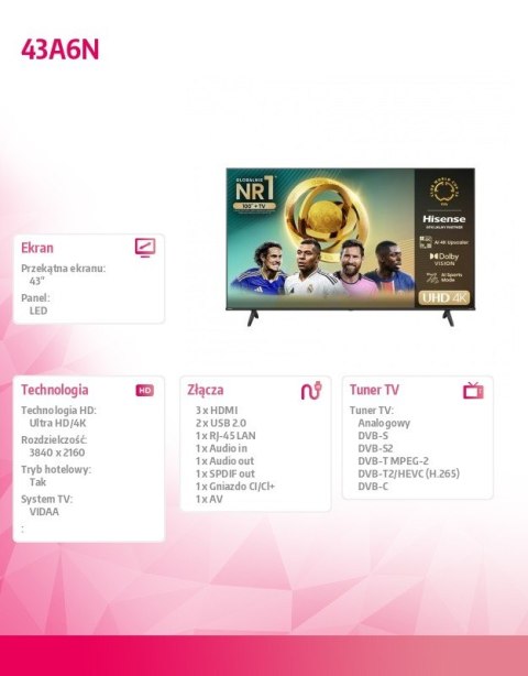 Hisense Telewizor LED 43 cale 43A6N Hisense Telewizor LED 43 cale 43A6N