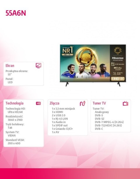 Hisense Telewizor LED 55 cali 55A6N Hisense Telewizor LED 55 cali 55A6N