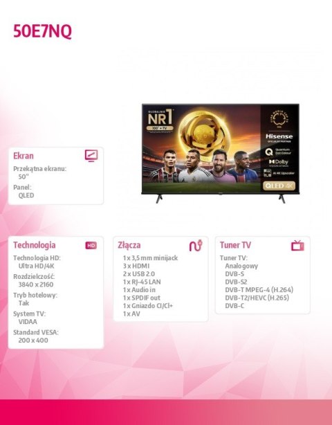 Hisense Telewizor QLED 50 cali 50E7NQ Hisense Telewizor QLED 50 cali 50E7NQ