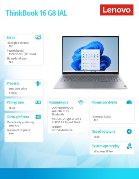 Lenovo Notebook ThinkBook 16 G8 21SK008NPB W11Pro Ultra 7 255H/16GB/1TB/INT/16.0 WUXGA/Luna Grey/3YRS OS + CO2 Offset Lenovo Notebook ThinkBook 16 G8 21SK008NPB W11Pro Ultra 7 255H/16GB/1TB/INT/16.0 WUXGA/Luna Grey/3YRS OS + CO2 Offset
