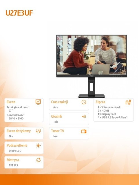 AOC Monitor 27 cali U27E3UF 4K IPS HDMIx2 DP Pivot Głośniki AOC Monitor 27 cali U27E3UF 4K IPS HDMIx2 DP Pivot Głośniki