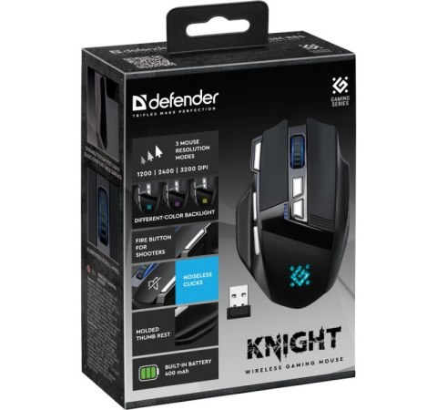 Defender Mysz gamingowa bezprzewodowa Knight GM-885 3200DPI 8P Czarna Defender Mysz gamingowa bezprzewodowa Knight GM-885 3200DPI 8P Czarna