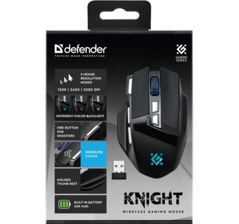 Defender Mysz gamingowa bezprzewodowa Knight GM-885 3200DPI 8P Czarna Defender Mysz gamingowa bezprzewodowa Knight GM-885 3200DPI 8P Czarna
