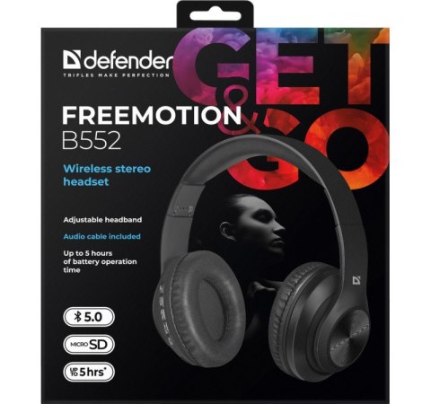 Defender Słuchawki bezprzewodowe nauszne Freemotion B552 z mikrofonem, czarne Defender Słuchawki bezprzewodowe nauszne Freemotion B552 z mikrofonem, czarne
