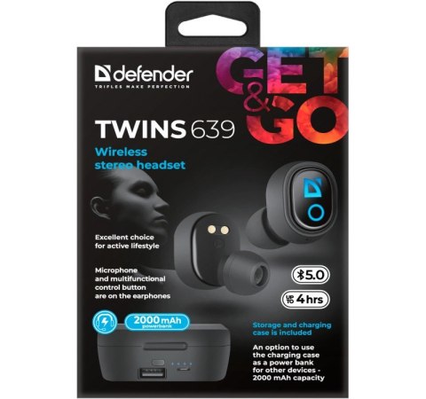 Defender Słuchawki douszne bezprzewodowe TWINS 639 Czarne Defender Słuchawki douszne bezprzewodowe TWINS 639 Czarne
