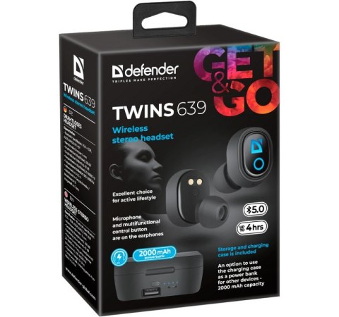 Defender Słuchawki douszne bezprzewodowe TWINS 639 Czarne Defender Słuchawki douszne bezprzewodowe TWINS 639 Czarne