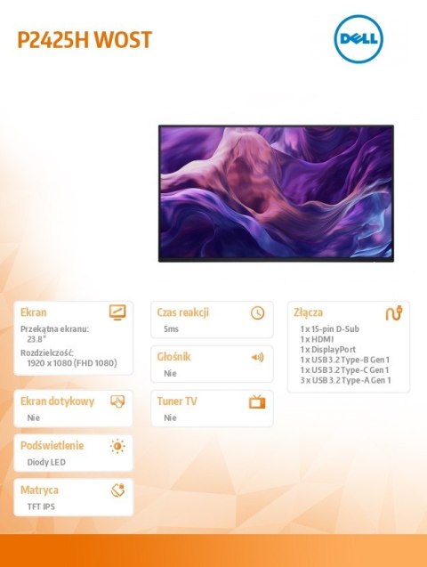 Dell Monitor 23.8 cala P2425H WOST IPS 1920x1080/16:9/DP/HDMI/USBC/VGA/USB/No stand/3Y Dell Monitor 23.8 cala P2425H WOST IPS 1920x1080/16:9/DP/HDMI/USBC/VGA/USB/No stand/3Y