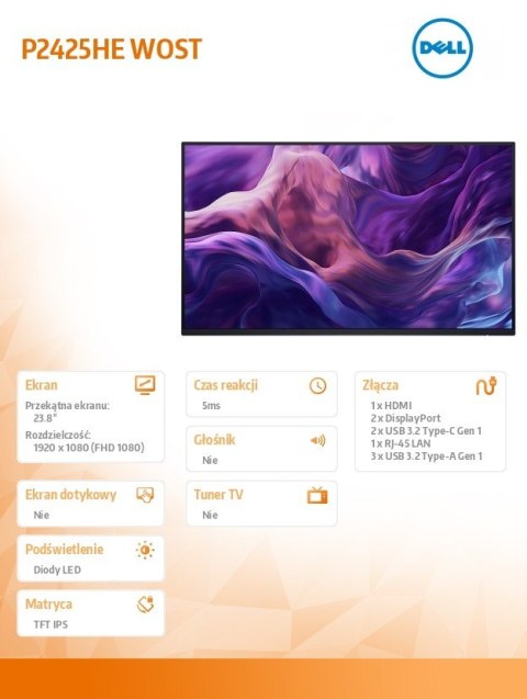 Dell Monitor 23.8 cala P2425HEWO IPS 1920x1080/16:9/HDMI/DP/USBC/RJ45/USB/No stand/3Y Dell Monitor 23.8 cala P2425HEWO IPS 1920x1080/16:9/HDMI/DP/USBC/RJ45/USB/No stand/3Y