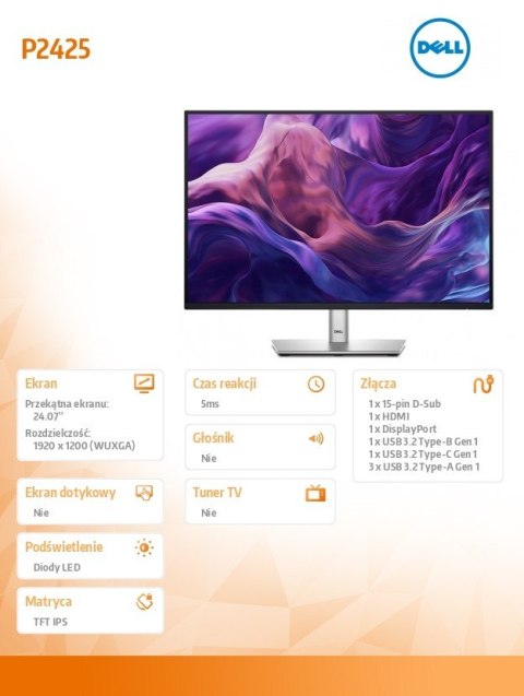Dell Monitor 24.07 cala P2425 IPS 16:10 WUXGA/HDMI/USBC/DP/VGA/USB/5Y Dell Monitor 24.07 cala P2425 IPS 16:10 WUXGA/HDMI/USBC/DP/VGA/USB/5Y