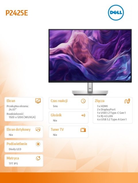 Dell Monitor 24.07 cala P2425E 16:10 WUXGA/HDMI/USBC/DP/RJ45/USB/5Y Dell Monitor 24.07 cala P2425E 16:10 WUXGA/HDMI/USBC/DP/RJ45/USB/5Y