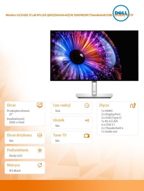 Dell Monitor U2724DE 27 cali IPS LED QHD(2560x1440)/16:9/HDMI/DP/Thunderbolt/USB-C/USB/RJ-45/3Y Dell Monitor U2724DE 27 cali IPS LED QHD(2560x1440)/16:9/HDMI/DP/Thunderbolt/USB-C/USB/RJ-45/3Y